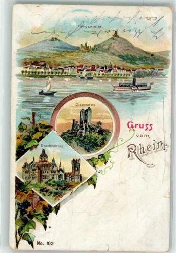 53639 W5330 Königswinter 1900 Lithographie Drachenfels und Drachenburg Rheinschifffahrt
