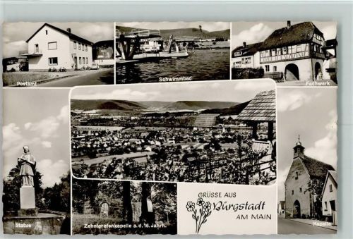 63927 W8768 Bürgstadt - Postamt Statue Schwimmbad Zentgrafenkapelle Kapelle Fachwerk