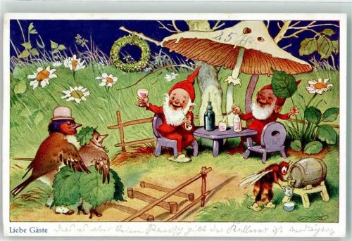Verlag Oppel & Hess Serie 1457-2 Zwerg Pilz als Sonnenschirm Vögel Biene vermenschlicht