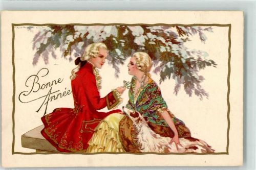 1928 - 1935 Verlag degami 1085 Rokoko Liebespaar Windhund Bonne Annee Art Deco