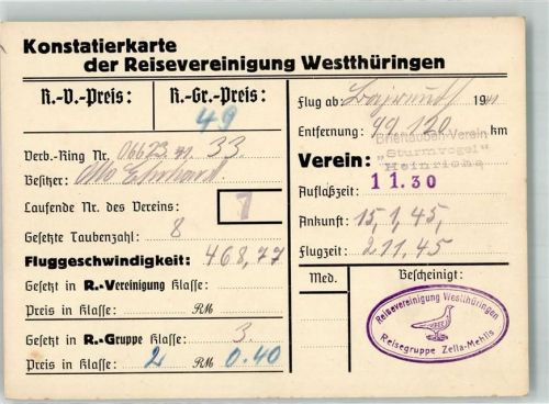 O6060 Zella-Mehlis Brieftauben Verein Sturmvogel Konstatierkarte der Thür. Wald Reisevereinigung + Stempel Taube 1941 KEINE AK