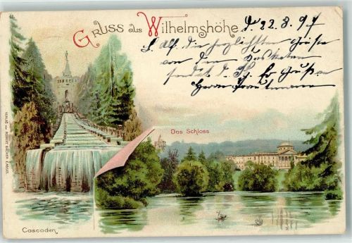 Wilhelmshöhe 1897 Lithographie Cascaden Schloß Wilhelmshöhe Schwanenteich