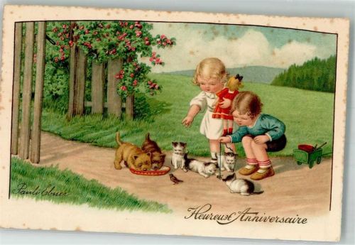 1943 Kinder Katze Hund Puppen Heureuse Anniversaire / Stockflecken