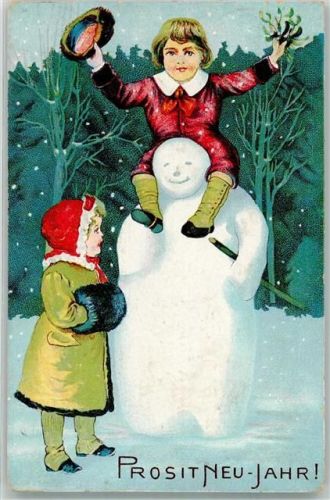1908 Neujahr Winterlithographie Kinder Muff Mistelzweig