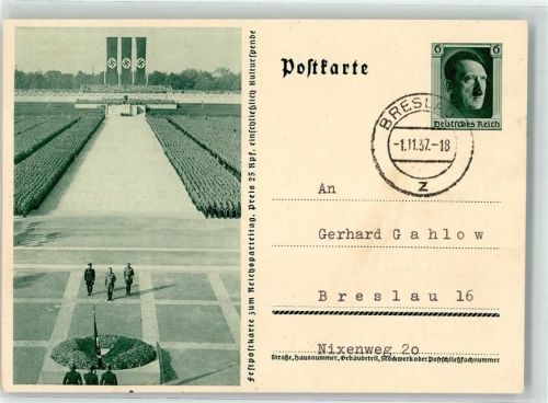 Nürnberg 1937 Festpostkarte zum Reichsparteitag Der Führer vor den angetretenen Formationen aus Wehrmacht und Partei auf dem Festtagsgelände