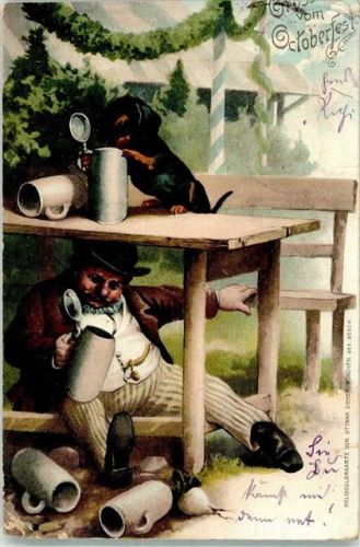 München 1904 Dackel mit betrunkenem Mann unterm Tisch Bier Trinker Humor Künstlerkarte Verlag Zieher, Ottmar Hüttenstempel