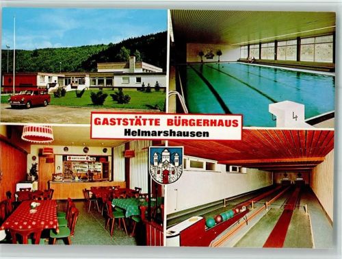 Helmarshausen Gaststätte Bürgerhaus Innenaufnahmen Gastraum Kegelbahn Hallenbad 4-Bildaufnahme