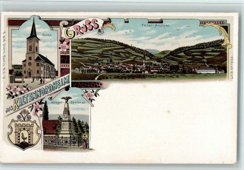 Kaltennordheim Gruss aus - Kriegerdenkmal, Kirche, Wappen, Verlag Stern Nr. 18 , Bildseite gute Erhaltung AK