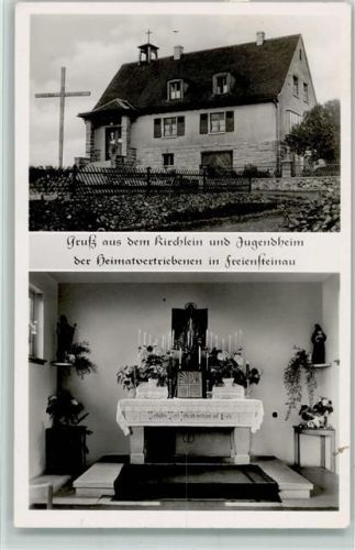 Freiensteinau 1951 Kirchlein Innenaufnahme Blick zum Altar Jugendheim der Heimatvertriebenen Baustein 2-Bildaufnahme