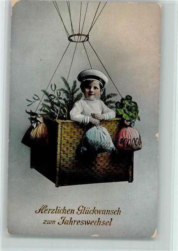 Neujahr - Kind im Ballonkorb mit Geldsäcken AK Ballon 1917
