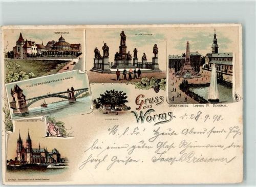 67547 W6520 Worms 1898 Lithographie Festspielhaus Luther-Denkmal Liebfrauenkirche Großherzog Ludwig IV. Denkmal