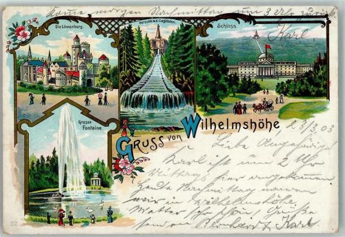Wilhelmshöhe 1903 Gruss aus - Fontaine, Schloss, Löwenburg AK
