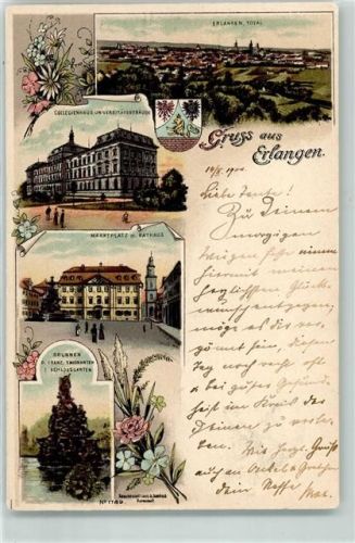 91052 W8520 Erlangen 1900 Lithographie Collegienhaus Universitätsgebäude Marktplatz m. Rathaus Brunnen D. Franz Emigranten im Schlossgarten