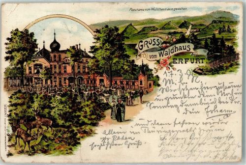Erfurt 1901 Gasthaus Waldhaus Biergarten Reh Hirsch Lithographie