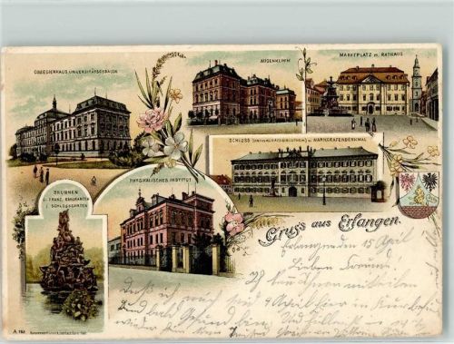 Erlangen 1901 Collegienhaus Universitätsgebäude Marktplatz m. Rathaus Brunnen D. Franz Emigranten im Schlossgarten