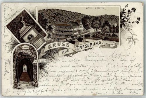 Treseburg 1898 Vorläufer Hotel Forelle Wilhelms Blick Pfeil Denkmal Kutsche Brücke Blumen