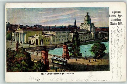 München 1899 Allgemeine Deutsche Sportausstellung Ausstellungs-Palast Straßenbahn
