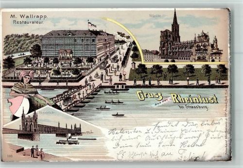 Strasbourg 1896 Gruss aus - der Rheinlust Restaurant, Rheinbrücke, Poton AK