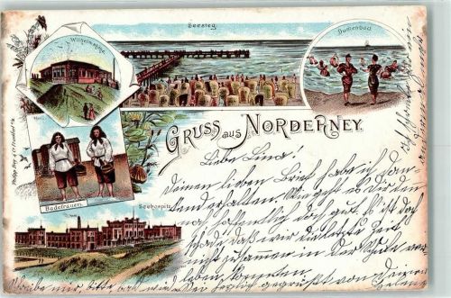 Norderney 1897 Badefrauen Strand Strandkörbe Seesteg Damenbad Seehospitz