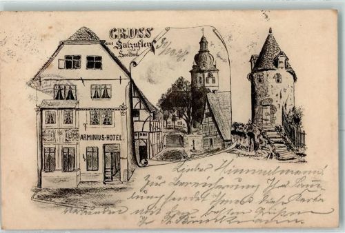 32105 W4902 Bad Salzuflen 1898 Künstlerkarte Arminius-Hotel Kirche Turm sign