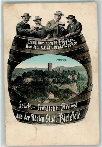 Bielefeld 1907 Sparrenburg Fass Männer Feucht Fröhliche Grüße trinken Wein Bier