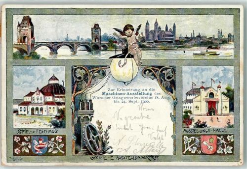 Worms 1900 Maschinen Ausstellung des Ortsgewerbevereins Spiel u. Festhaus Ausstellungs Halle Engel Wappen sign.