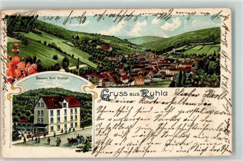 99842 O5906 Ruhla 1907 Lithographie Steinern Haus Brendel Gruss Blumen Bahnpost Ruhla Zug Nr.5