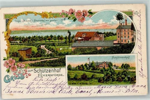 24340 W2330 Eckernförde 1901 Gebrauchsspuren Hafen Brauerei Schützenhof Lithographie