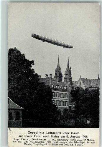 Basel 1908 Luftschiff auf seiner Fahrt nach Mainz 1908 AK