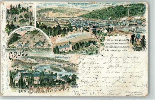 Bodenwerder 1898 Schloß Hehlen Steinmühle Königszinne Gedicht Litho.