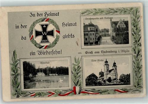 Lindenberg 1915 Straße Rathaus Moorbad Neue Kirche Ruderboot Schwan In der Heimat da giebts ein Wiedersehn Krieg 1914 Schwarz-Weiß-Rot Bahnpost
