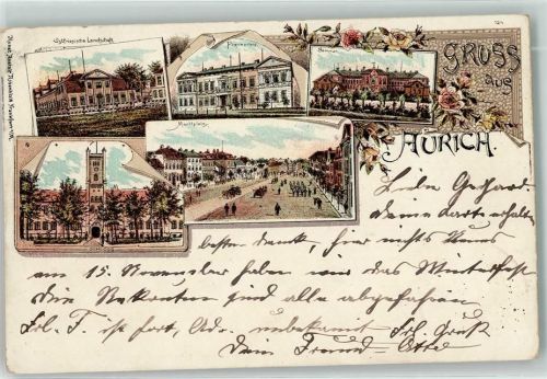 26603 W2960 Aurich , Ostfriesland 1902 Lithographie Piqueurhof Seminar Marktplatz Schloss