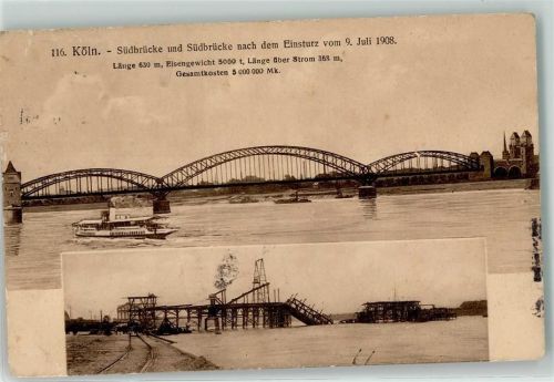 Köln Bayenthal 201 Südbrücke vor u. Südbrücke nach dem Einsturz vom 9.7.1908