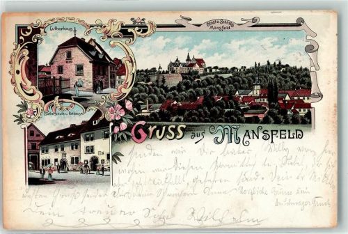06343 O4274 Mansfeld , Südharz 1897 Lithographie Schloß Mansfeld Lutherschule Rathaus Lutherhaus
