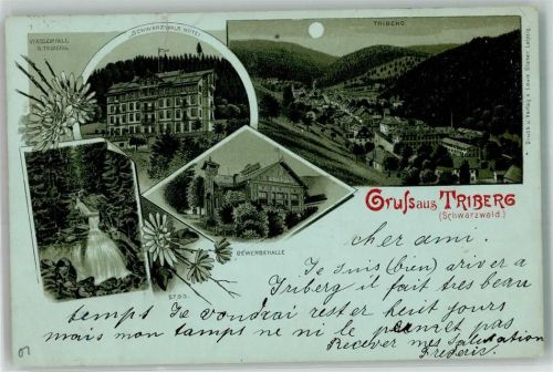 78098 W7740 Triberg im Schwarzwald 1901 Lithographie Triberger Wasserfall Gewerbehalle Schwarzwald-Hotel Mondschein
