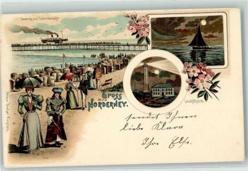 Norderney 1901 Seesteg mit Salondampfer Leuchtturm Segelboot bei Nacht Ottmar Zieher
