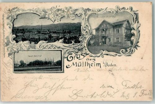 Müllheim 1898 Hauptbahnhof Bahnhof-Hotel Bahnpost Frankfurt-Basel