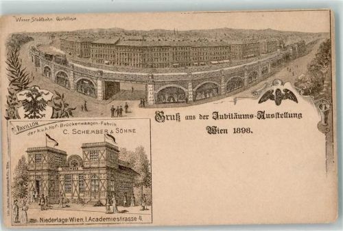 Wien Jubiläums Ausstellung 1898 Stadtbahn Gürtellinie Pavillon der K. u. k. Hof-Brückenwaagen Fabrik C. Schember & Söhne