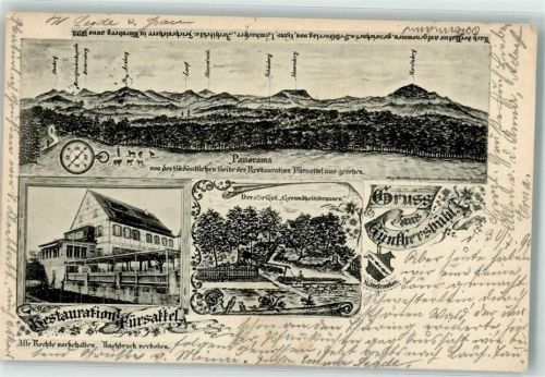 Günthersbühl 1899 Gasthaus Fürsattel Wappen Panorama Gesundheitsbrunnen