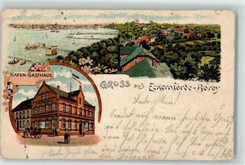 Eckernförde Hafen Gasthaus Schiff Steg Kutsche Fahne Schwarz-Weiß-Rot Blumen Gruss
