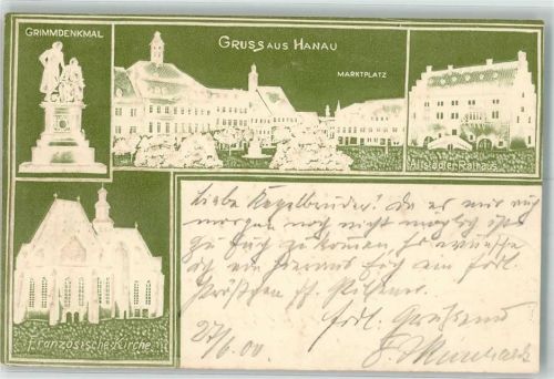 63450 W6450 Hanau 1900 Prägedruck Grimmdenkmal Marktplatz Französische Kirche Altstädter Rathaus