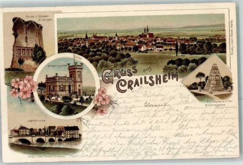74564 W7180 Crailsheim 1897 Lithographie Ruine von Kloster Anhausen Wilhelmshöhe Jagstbrücke Pyramide auf der Wilhelmshöhe
