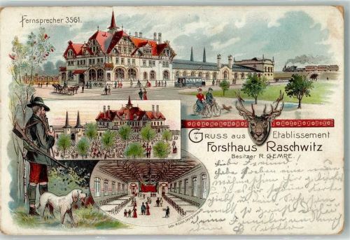 04416 O7113 Markkleeberg 1900 Lithographie Gasthaus Forsthaus Raschwitz Straßenbahn