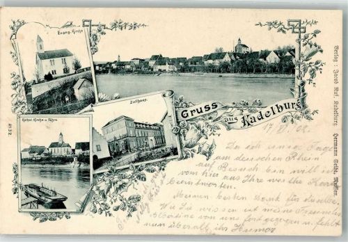 Kadelburg 1902 Ev. Kirche Zollhaus Kath. Kirche Fähre Rhein