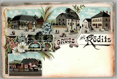 Köditz 1899 Lithographie Schloss Post Postkutsche Pfarrhaus Park Bahnhof Eisenbahn