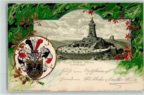06567 O4712 Kyffhäuser 1902 Prägedruck Kaiser Wilhelm Denkmal Blätter Eiche Wappen Adler Krone Schwarz Rot Gold Weiß