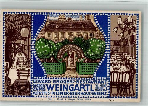 Wien 6. Bezirk, Mariahilf Edvard Grögers Restaurant Weingartl Lithographie sign. Hans Kalmsteiner Kunstgeschichte Wien BOAKC