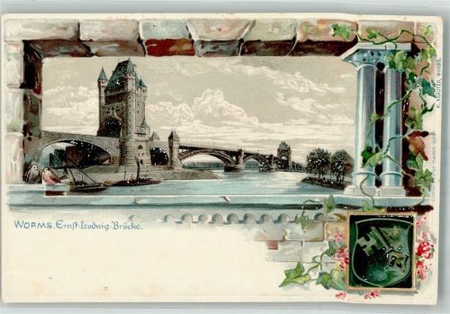 67547 W6520 Worms Prägedruck Ernst-Ludwig-Brücke Wappen Lithographie Verlag Ludwig Feist 9514
