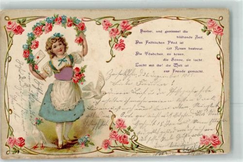 1901 mit echter Stoff Applikation Kind Brief Tauben Rosenkranz Vers AK