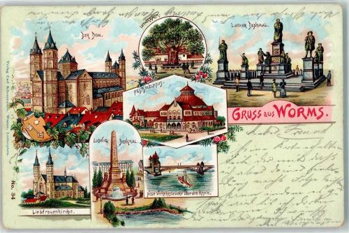 Worms 1901 Dom Lutherbaum Ludwig Luther Denkmal Festspielhaus Liebfrauenkirche Neue Verkehrsbrücke Wappen Schlüssel Stern Blumen Raddampfer
